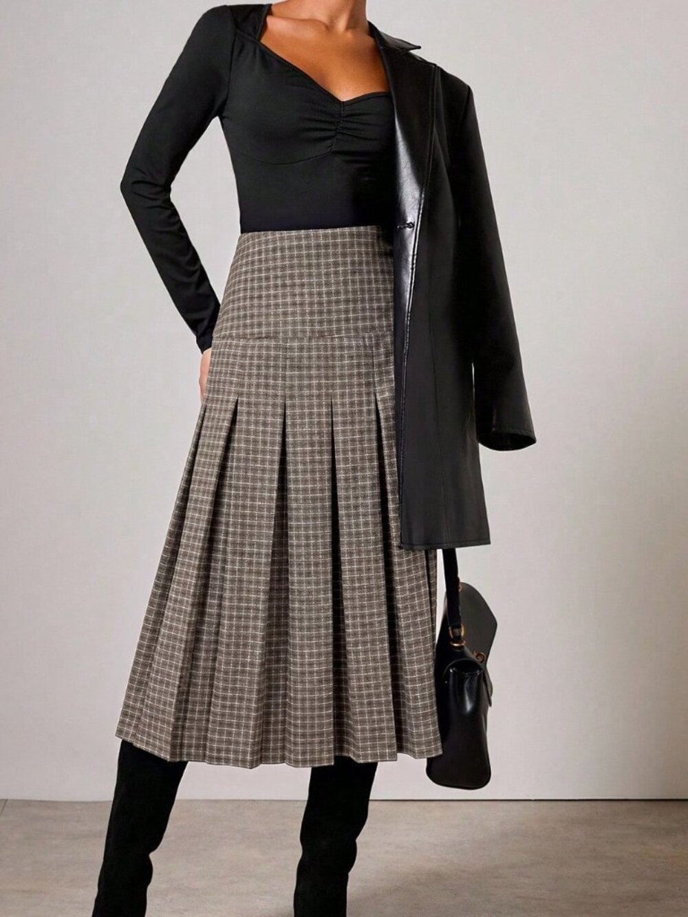 Brown Elegant Women's Plaid Pleated Midi Skirt - Picture 3 of 6